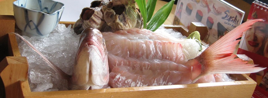 Ikizukuri: aufgestellter Fisch ohne Flanken