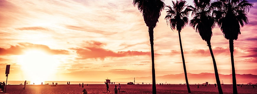 Kalifornien, Sonnenuntergang am Strand mit Palmen