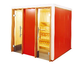 Eine Sauna Kabine in Rot 