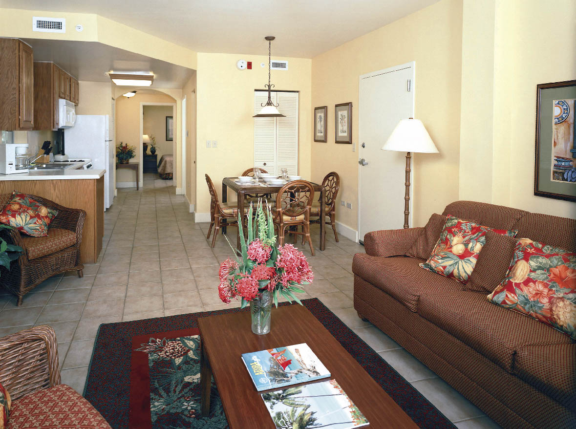 Ein Apartment bestehend aus einer wohnküche und einem essbereich mit einem braunen sofa und einem couchtisch aus holz