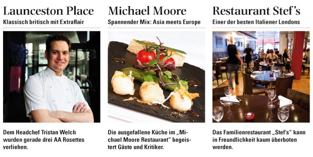 Collage bestehend aus Launceston Place, Michael Moore Restaurant und Restaurant Stefs